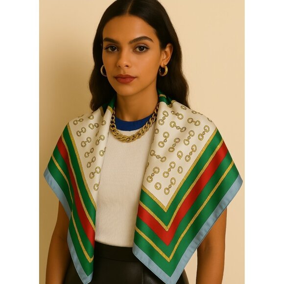 100% Silk Scarf Women Small Bandana Vintage Neckerchief Turban 26''x26 Green Red - Picture 1 of 6